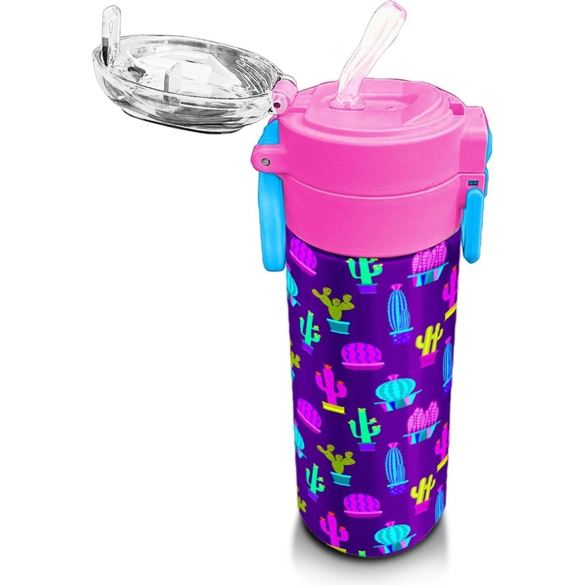 Coral High Kids Mor Pembe Kaktüs Desenli Pipetli ve Direkt Içim Çelik Termos 500 ml 31899