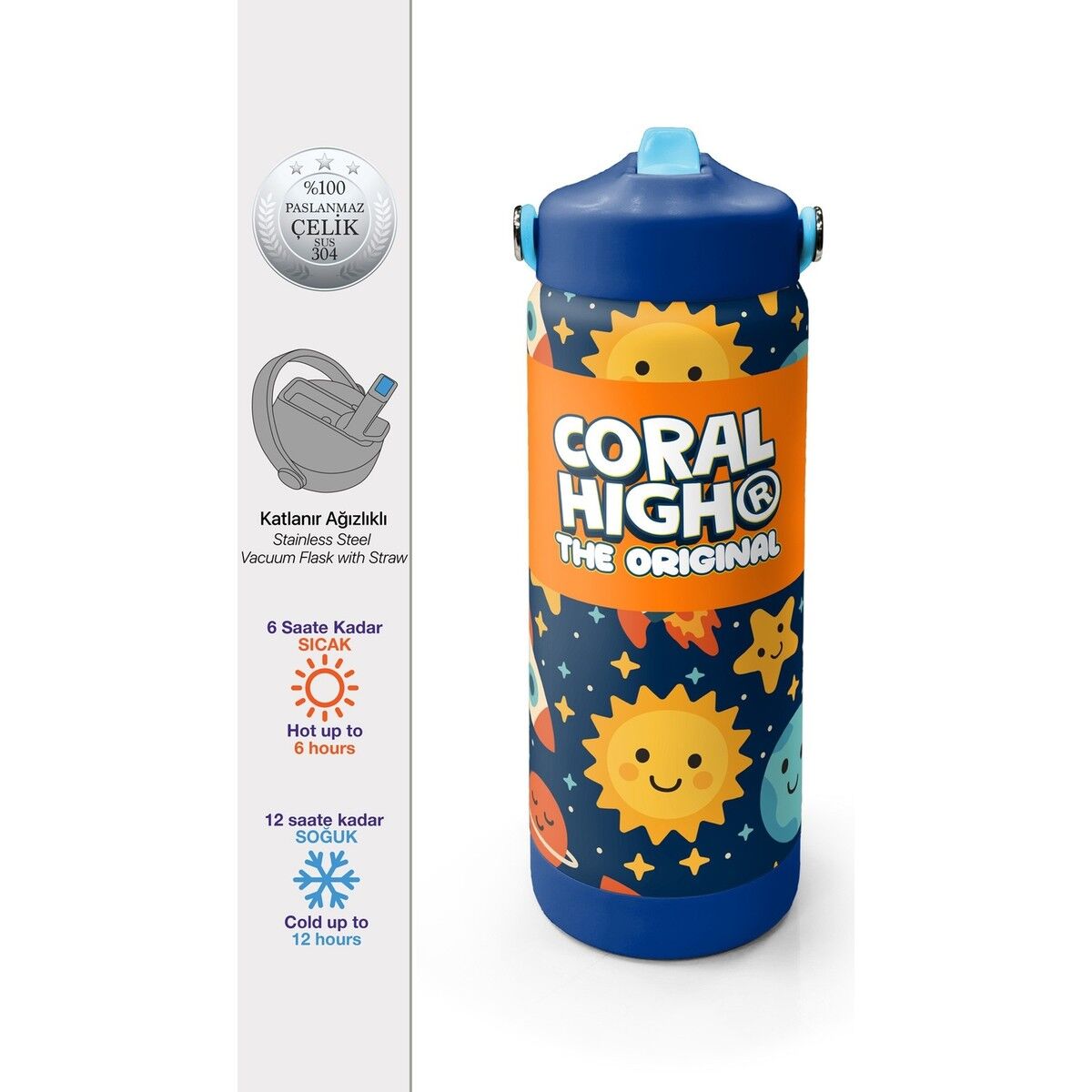 Coral High Lacivert Uzay Desenli Katlanır Ağızlıklı Çelik Termos 650 ml 38342