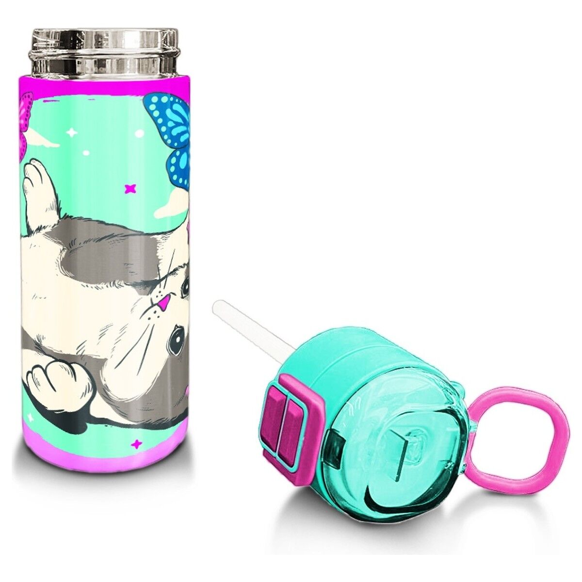 Coral High Kids Su Yeşili Pembe Kedi Desenli Pipetli ve Direkt Içim Çelik Termos 500 ml 31796