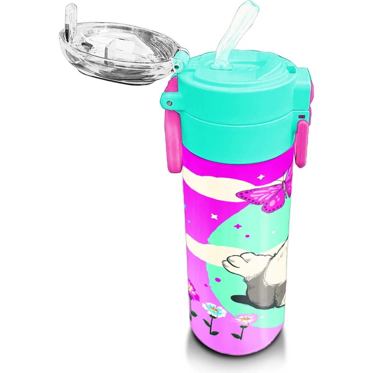 Coral High Kids Su Yeşili Pembe Kedi Desenli Pipetli ve Direkt Içim Çelik Termos 500 ml 31796