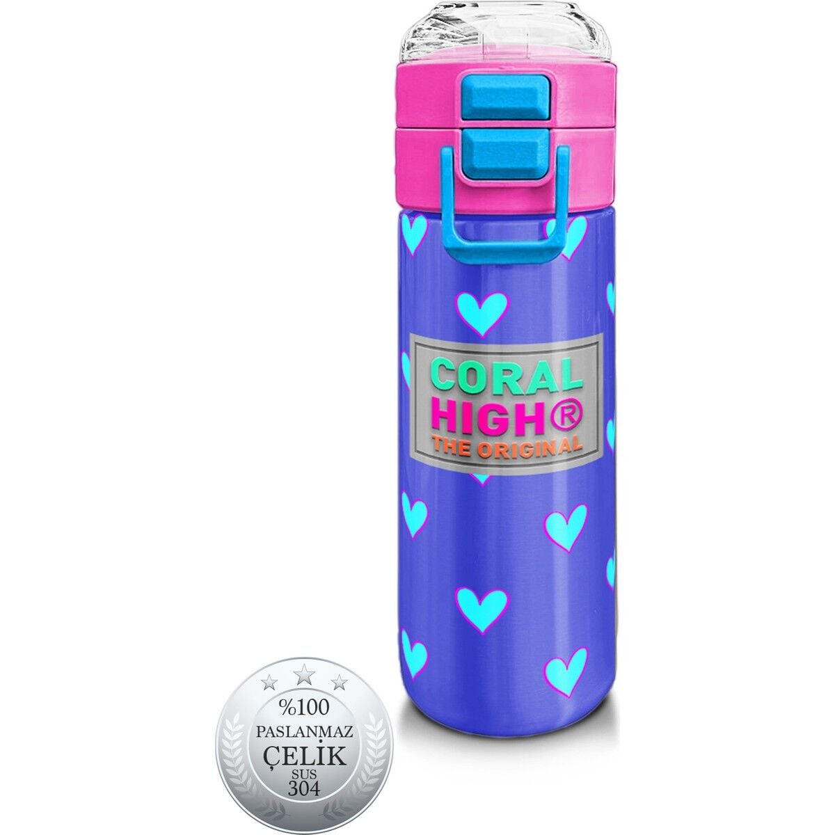 Coral High Kids Lavanta Pembe Kalp Desenli Pipetli ve Direkt Içim Çelik Termos 500 ml 31922