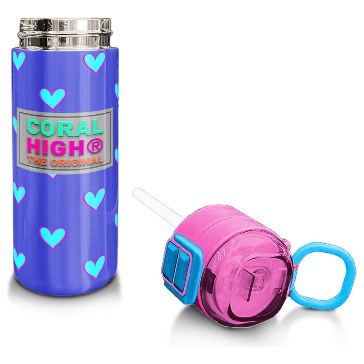 Coral High Kids Lavanta Pembe Kalp Desenli Pipetli ve Direkt Içim Çelik Termos 500 ml 31922