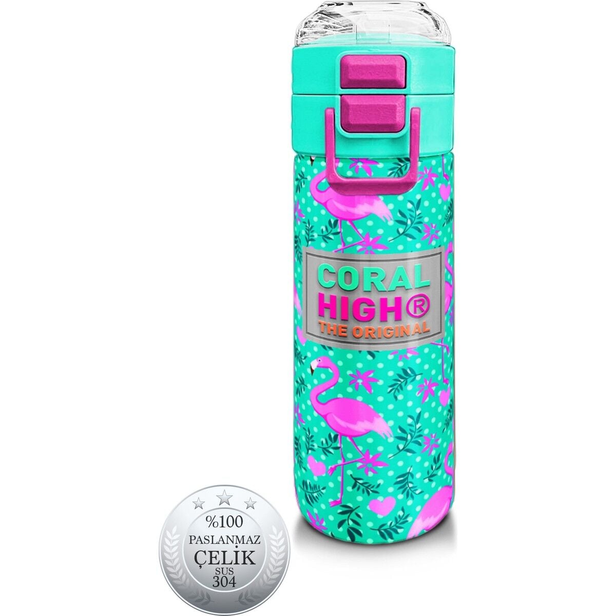 Coral High Kids Su Yeşili Pembe Flamingo Desenli Pipetli ve Direkt Içim Çelik Termos 500 ml 31926