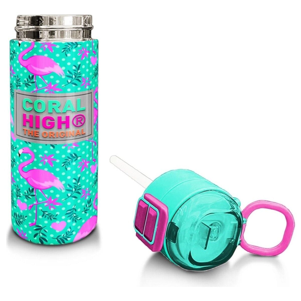 Coral High Kids Su Yeşili Pembe Flamingo Desenli Pipetli ve Direkt Içim Çelik Termos 500 ml 31926