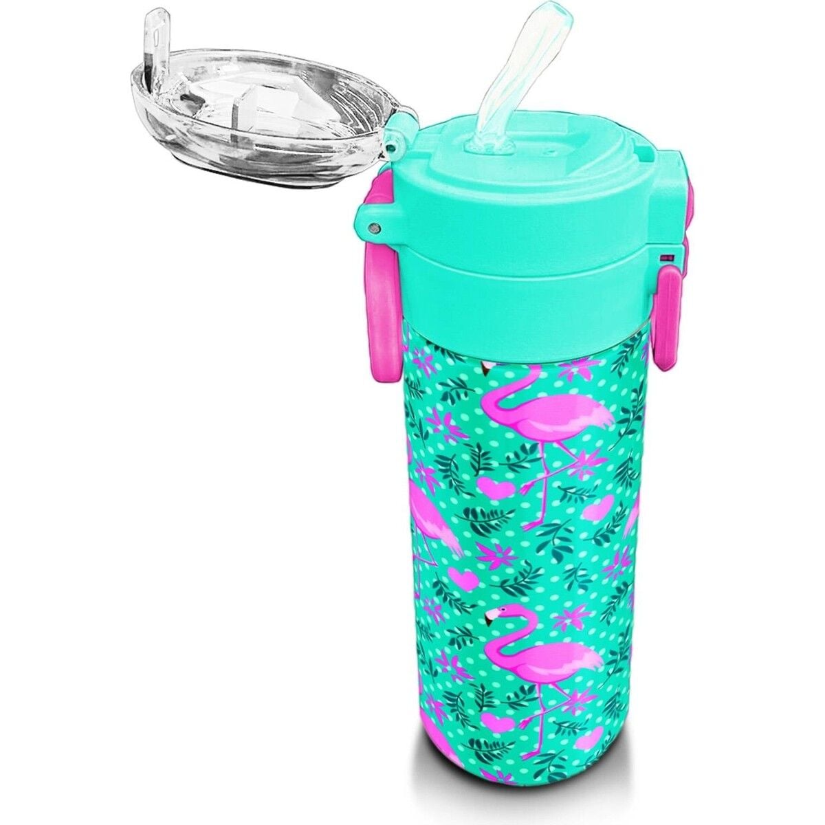 Coral High Kids Su Yeşili Pembe Flamingo Desenli Pipetli ve Direkt Içim Çelik Termos 500 ml 31926