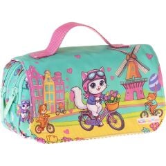 Wow Generation Kaukko Kids Taşıma Askılı Kız Çocuk Bisikletli Kedi Baskılı Şık Kalem Çantası (Yeşil - Pembe) - L5330
