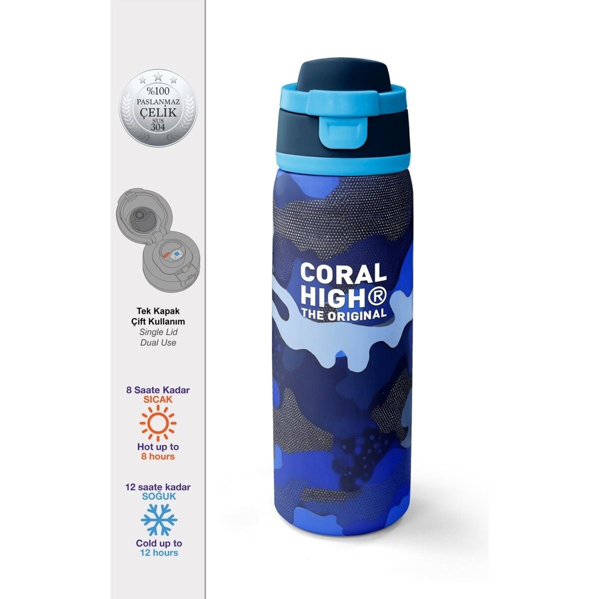 Coral High Lacivert Saks Kamuflaj Desenli Pipetli ve Direkt Içim Çelik Termos 800 ml 38549