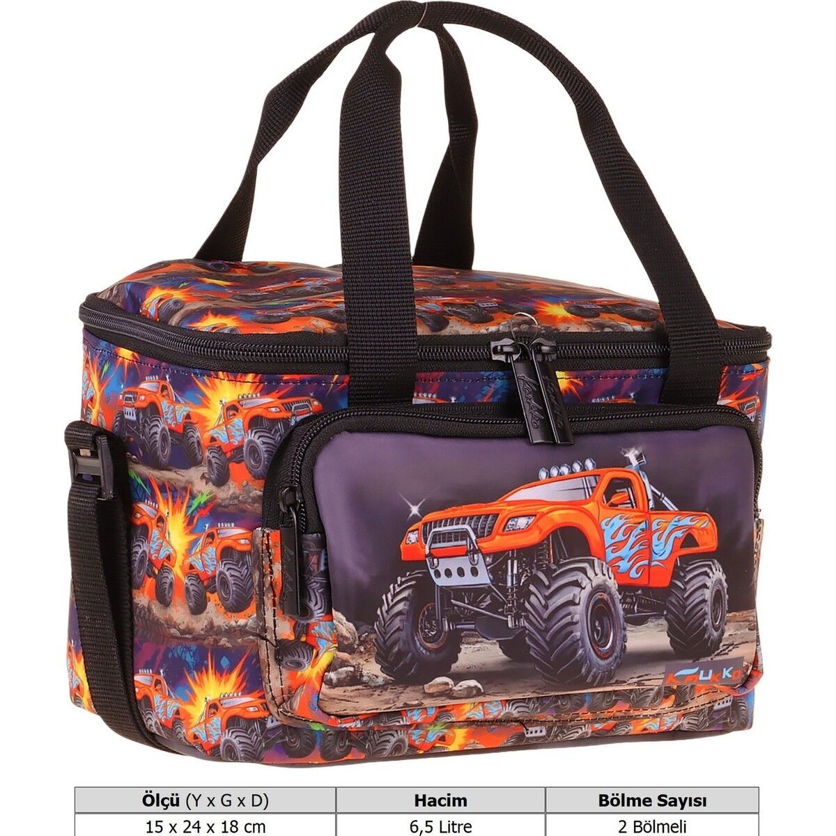 Kaukko Kids Iki Bölmeli Thermo Okul Beslenme Çantası - Arazi Aracı Baskılı Siyah - Kırmızı Renk (Erkek Çocuk) - L5360