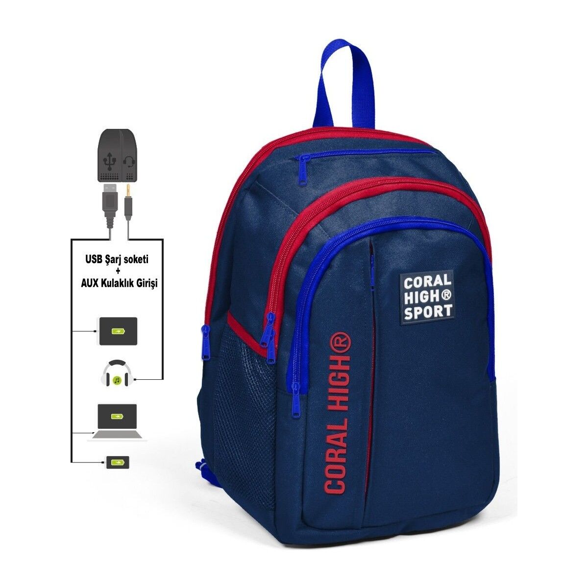 Yaygan Coral High Sport Beş Gözlü Lacivert Okul ve Günlük Sırt Çantası Laptop+Tablet Bölmeli 23242