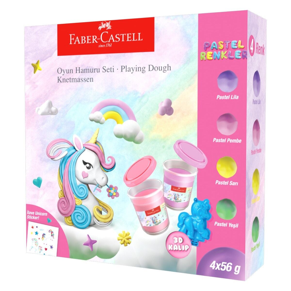 Faber Castell 4'lü Unicorn Oyun Hamuru Seti,Pastel Renkler,Yapışmaz ve Ufalanmaz,Kolay Saklama