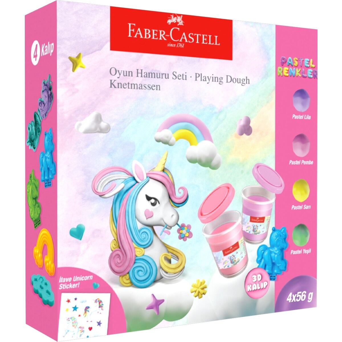 Faber Castell 4'lü Unicorn Oyun Hamuru Seti,Pastel Renkler,Yapışmaz ve Ufalanmaz,Kolay Saklama