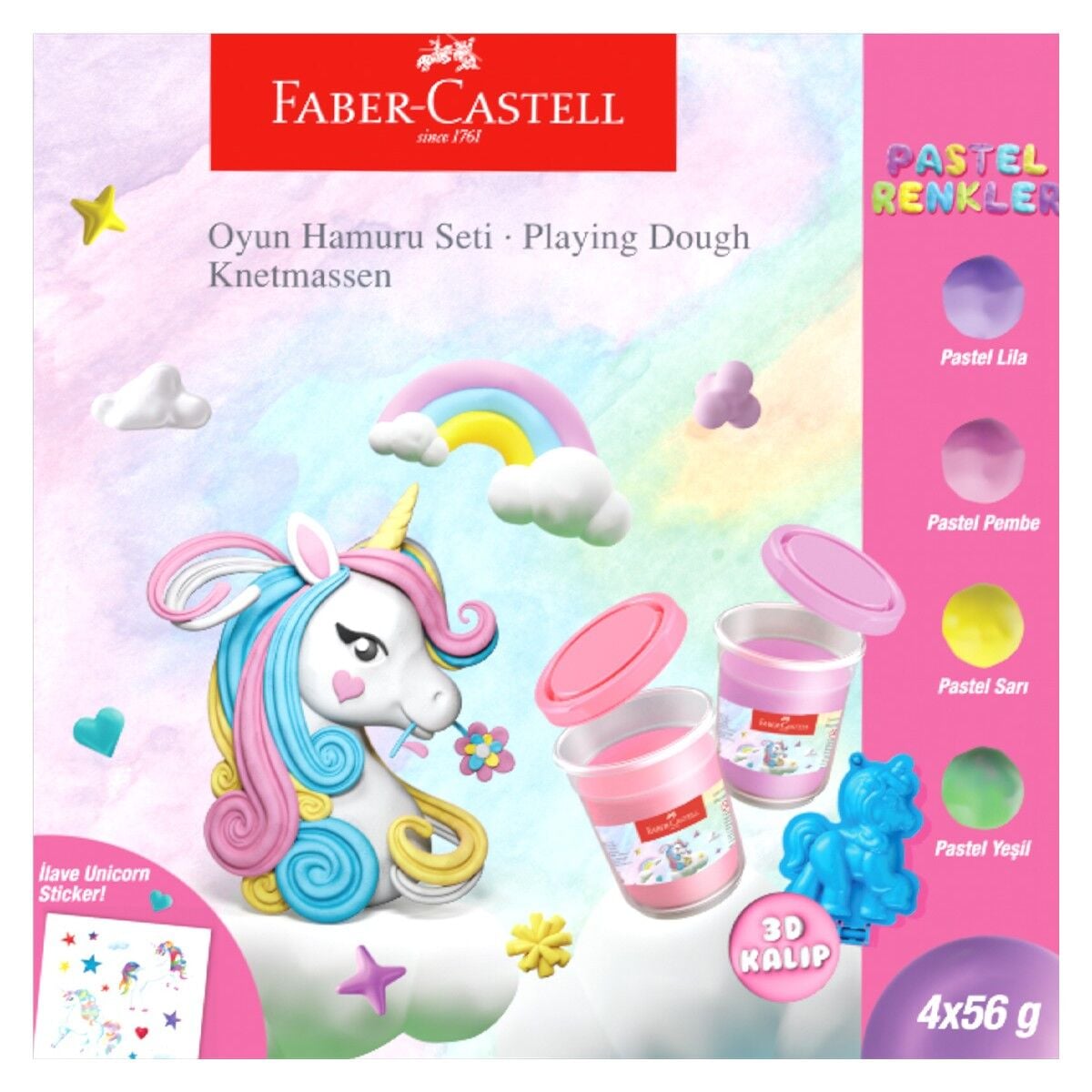 Faber Castell 4'lü Unicorn Oyun Hamuru Seti,Pastel Renkler,Yapışmaz ve Ufalanmaz,Kolay Saklama