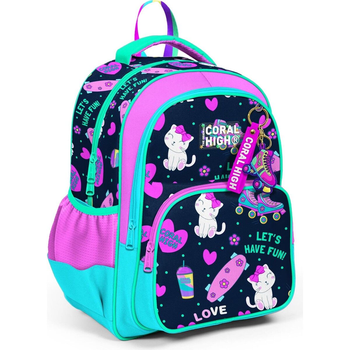 Coral High Kids Lacivert Pembe Kedili Paten Desenli Üç Bölmeli Okul Sırt Çantası 23658