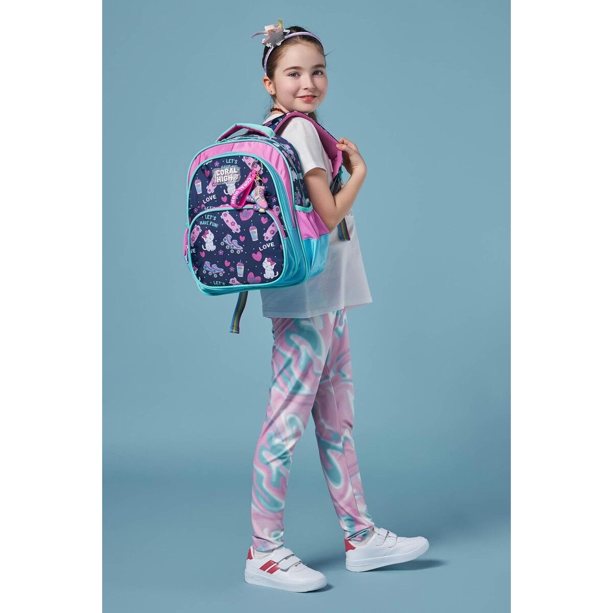 Coral High Kids Lacivert Pembe Kedili Paten Desenli Üç Bölmeli Okul Sırt Çantası 23658