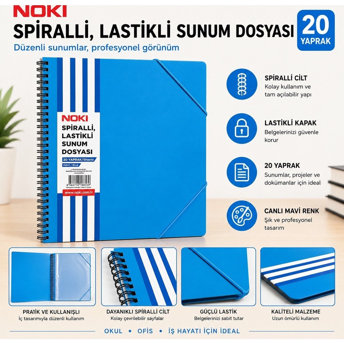 Noki Spiralli Lastikli Sunum Dosyası 20 Yaprak Mavi