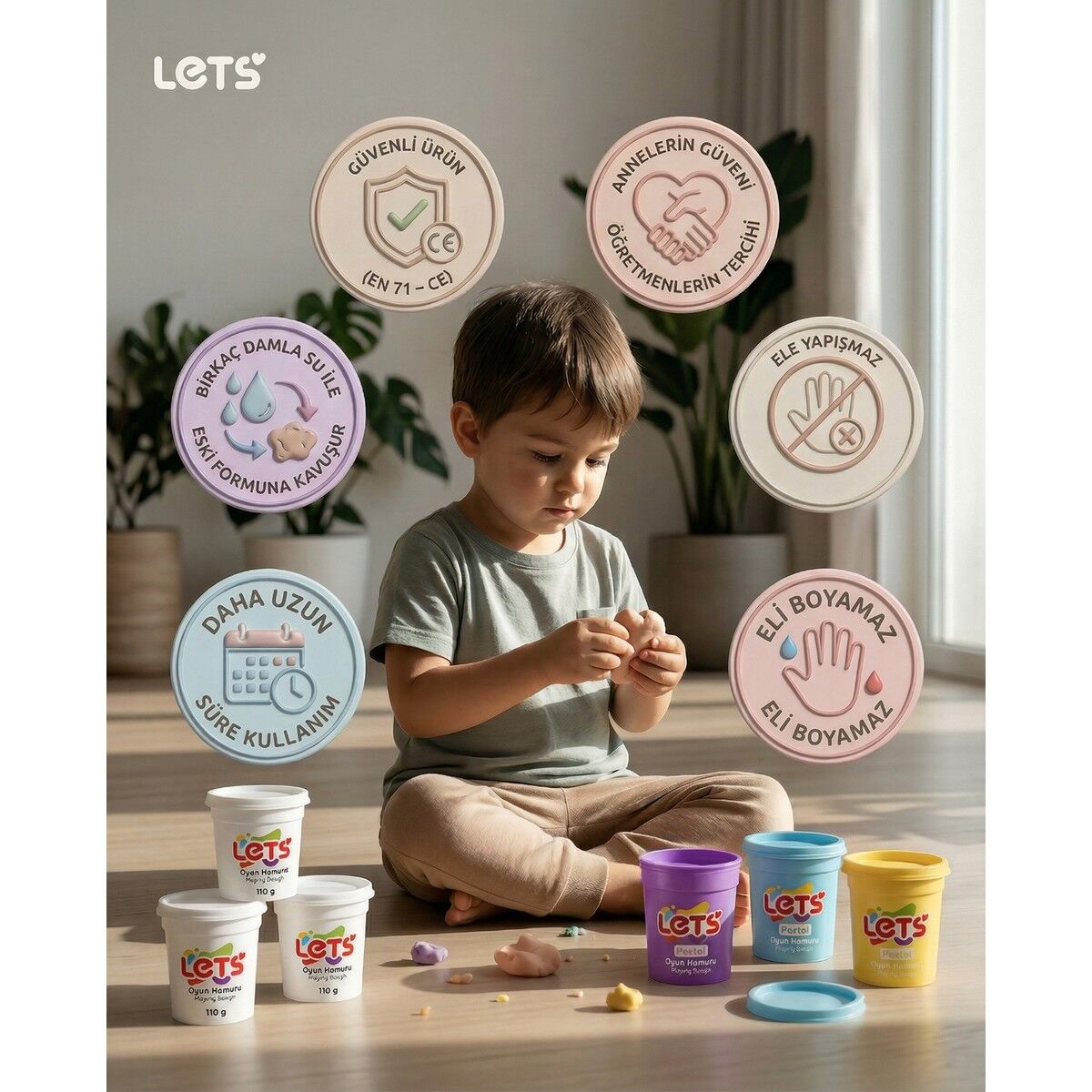 LETS 4 Renk Karanlıkta Parlayan Oyun Hamuru 440 g(IML) YENİ