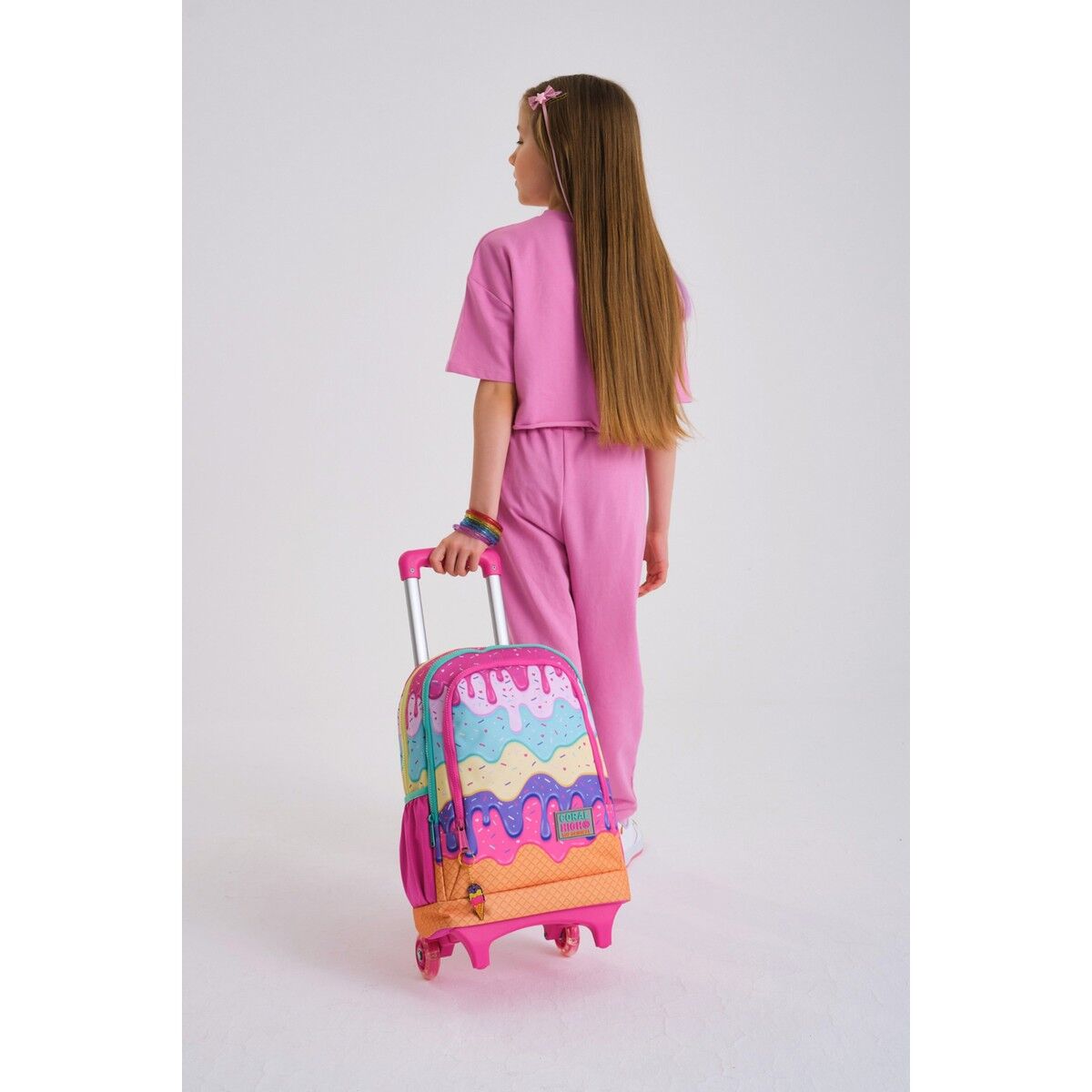 Coral High Kids Pembe Rengarenk Dondurma Desenli Üç Bölmeli Çekçekli Okul Sırt Çantası 23931