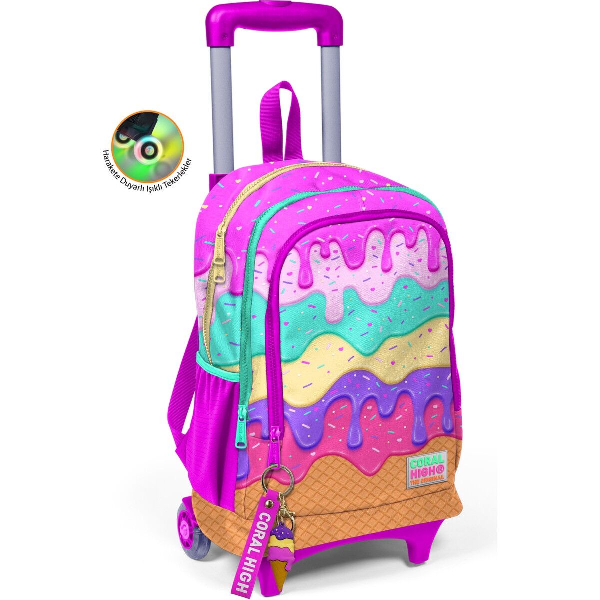 Coral High Kids Pembe Rengarenk Dondurma Desenli Üç Bölmeli Çekçekli Okul Sırt Çantası 23931