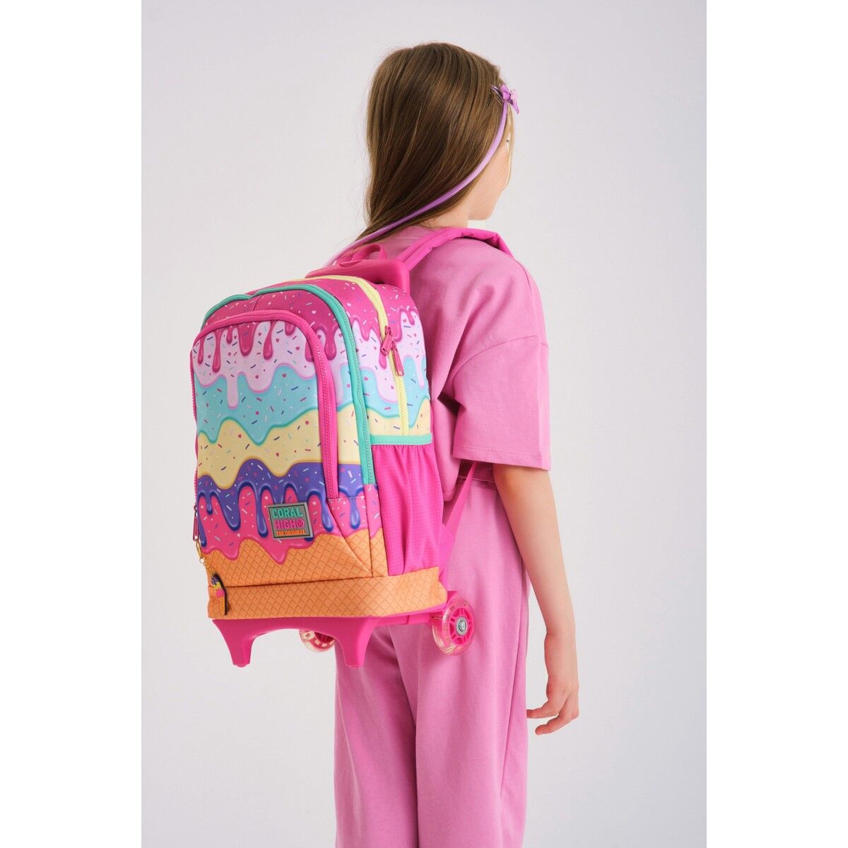 Coral High Kids Pembe Rengarenk Dondurma Desenli Üç Bölmeli Çekçekli Okul Sırt Çantası 23931