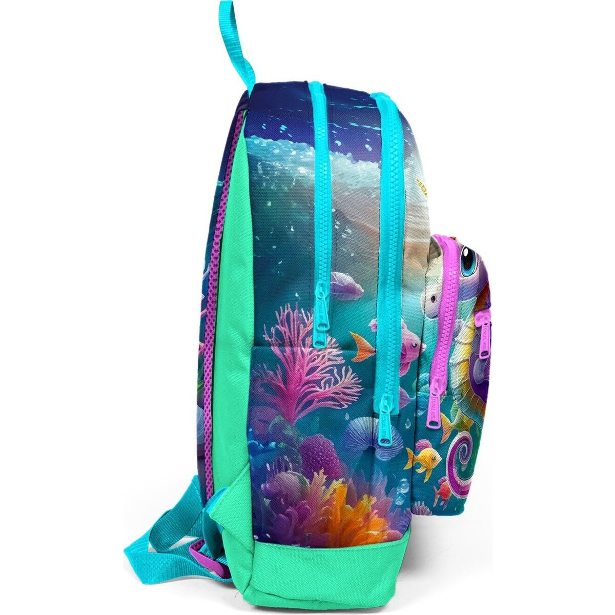 Coral High Mavi Su Yeşili Denizatı Desenli Dört Bölmeli Okul Sırt Çantası 23772