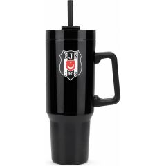 Beşiktaş Lisanslı Pipetli Kulplu Termos Mug - Siyah Paslanmaz Çelik Matara 1,20 Litre